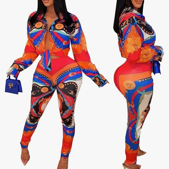 NWOT 2 Piece Gold Chain Belt Red Green Stripe Print Outfit - Picture 9 of 12